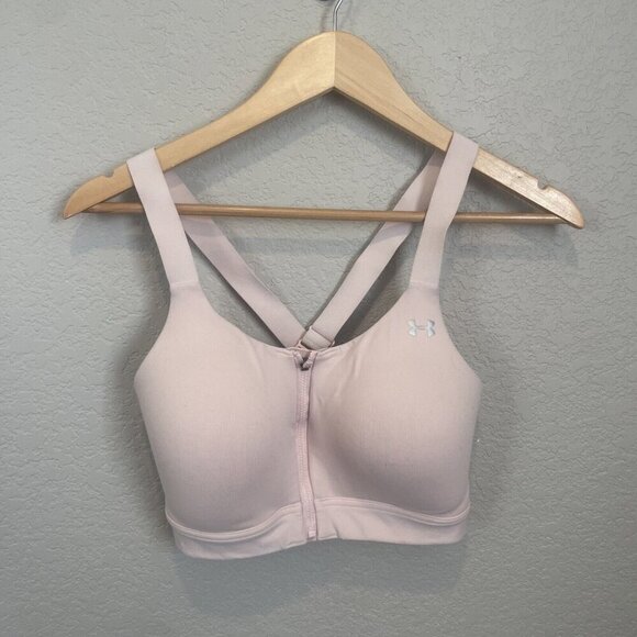 Under Armour HeatGear Racerback Front Zip Close Wirefree Sports Bra Pink 34DD - Picture 2 of 6